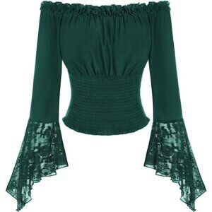 Renaissance Shirt Bell Sleeve Off The Shoulder Green